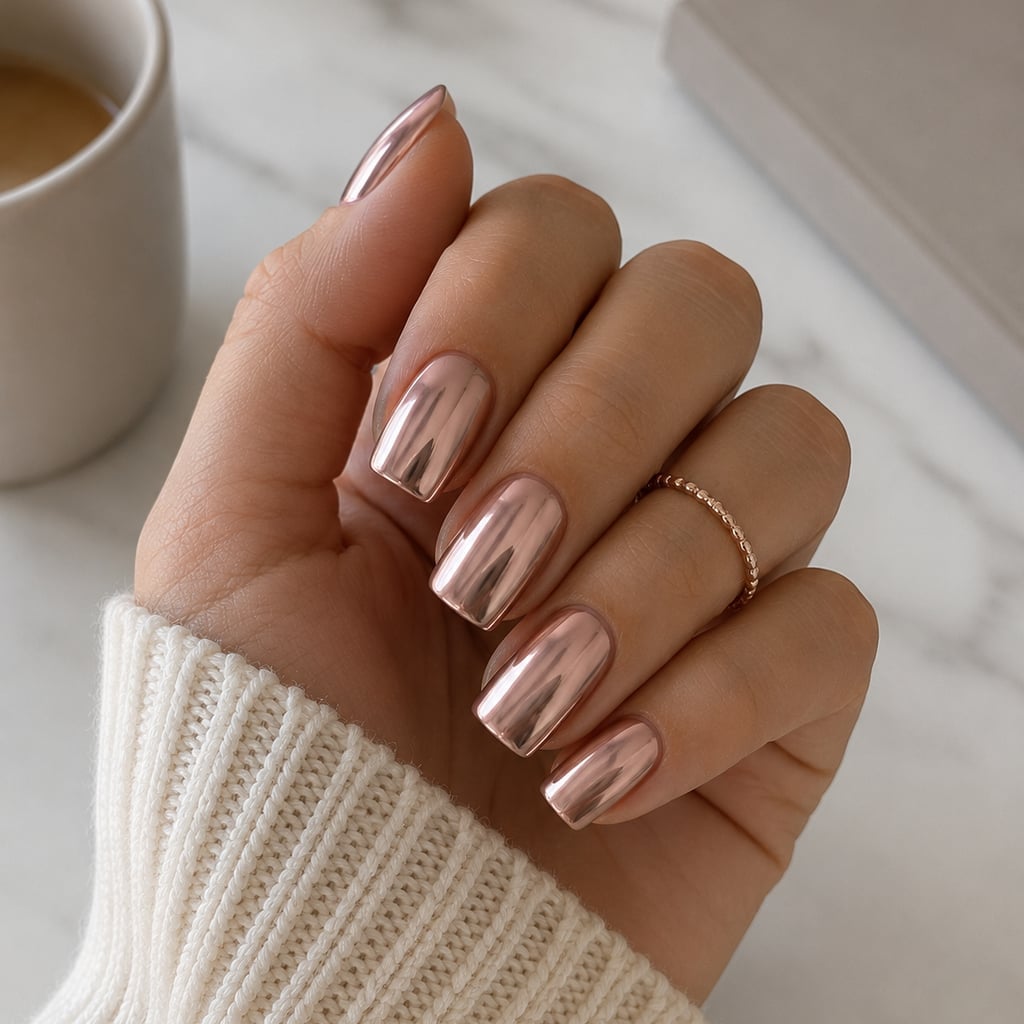 Rose Gold Chrome Short Square Nails Rose Gold Chrome Short Square Nails — Classy Chrome Nails Colors