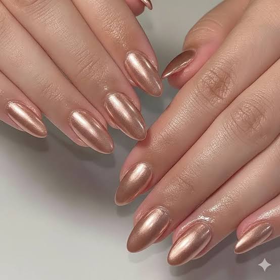 Warm Rose Gold Chrome Short Oval Nails Warm Rose Gold Chrome Short Oval Nails — Classy Chrome Nails Colors