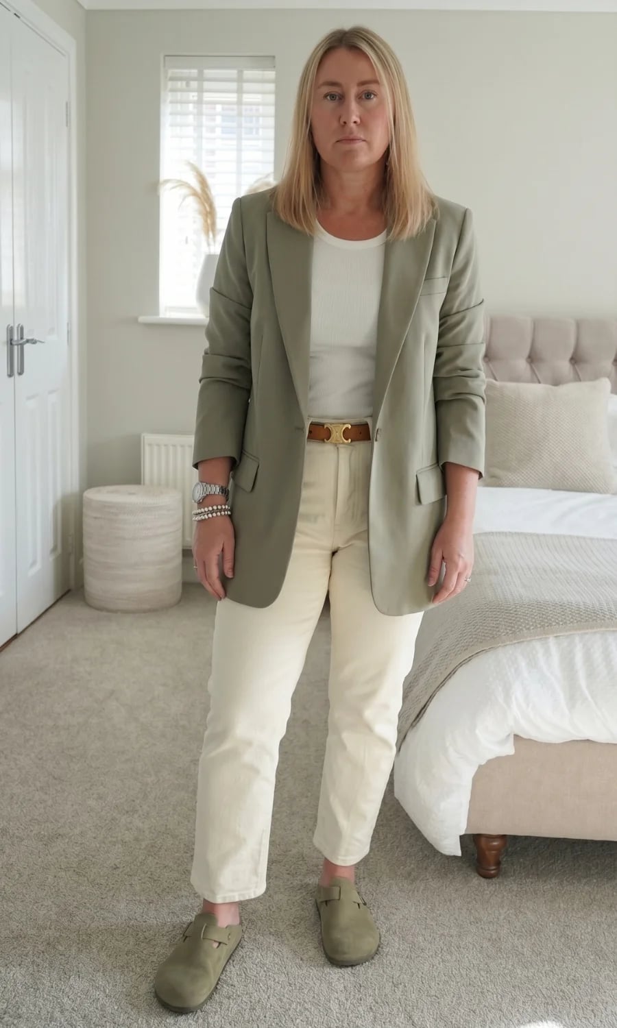 Olive Green Clogs with Relaxed Blazer and White Tank Top Olive Green Clogs with Relaxed Blazer and White Tank Top — Classy Clogs Outfits