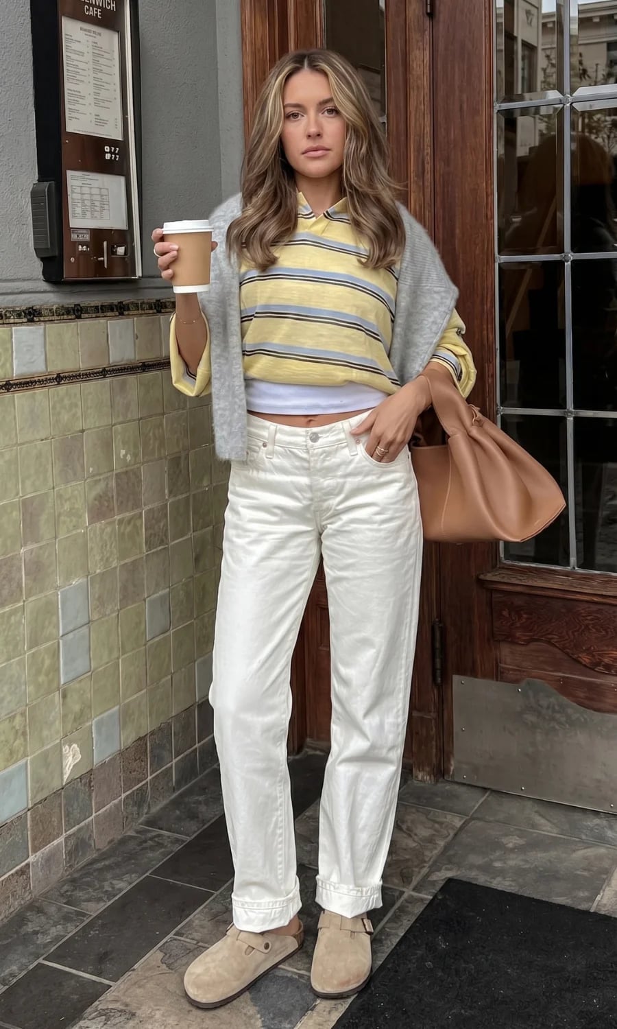 Grey Clogs with Striped Polo Shirt and Relaxed Fit Grey Clogs with Striped Polo Shirt and Relaxed Fit — Classy Clogs Outfits