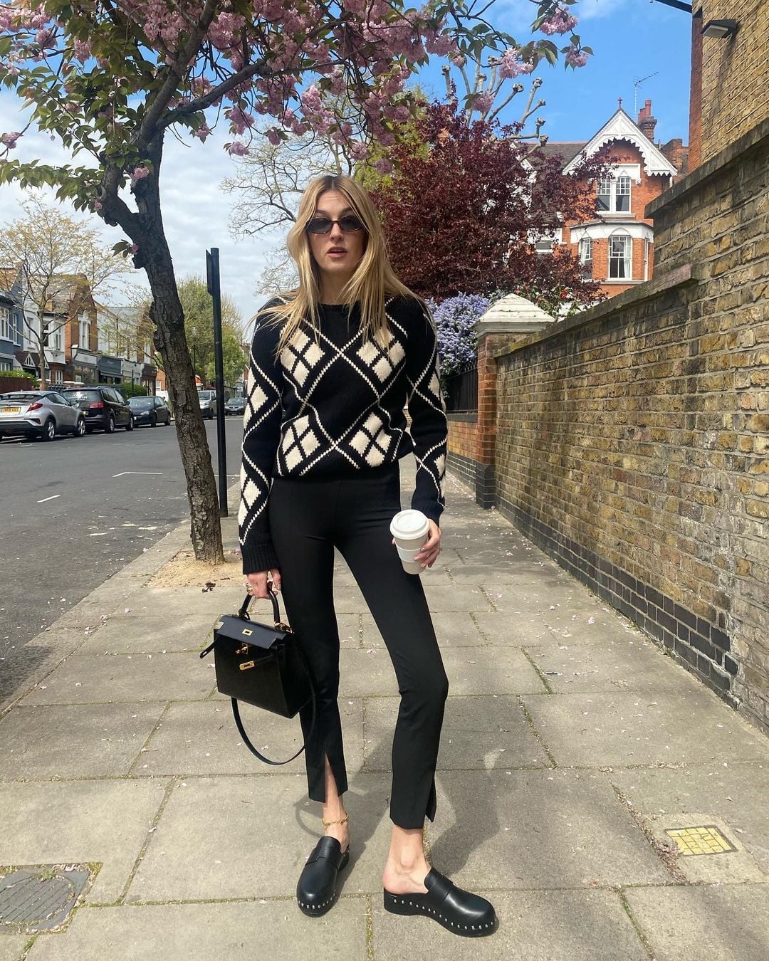 Black Studded Clogs with Argyle Sweater Black Studded Clogs with Argyle Sweater — Classy Clogs Outfits