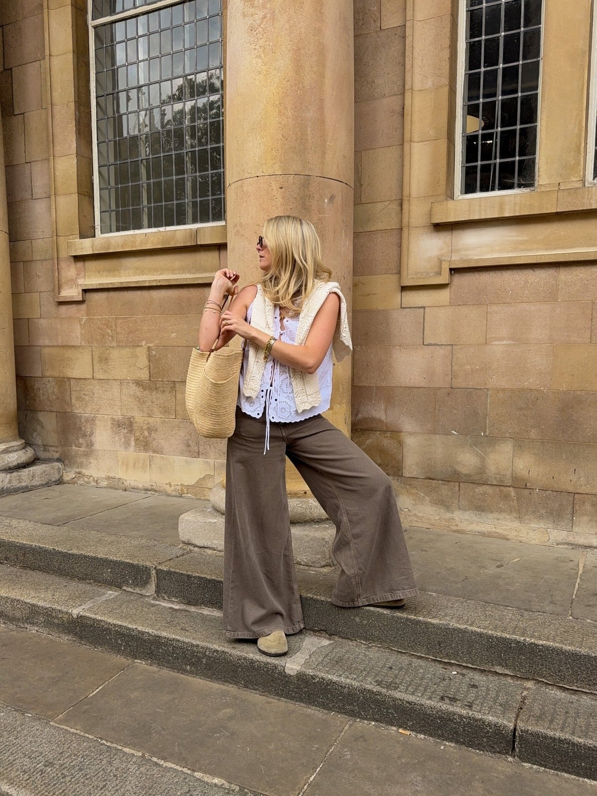Tan Suede Clogs with Crochet Vest Tan Suede Clogs with Crochet Vest — Classy Clogs Outfits