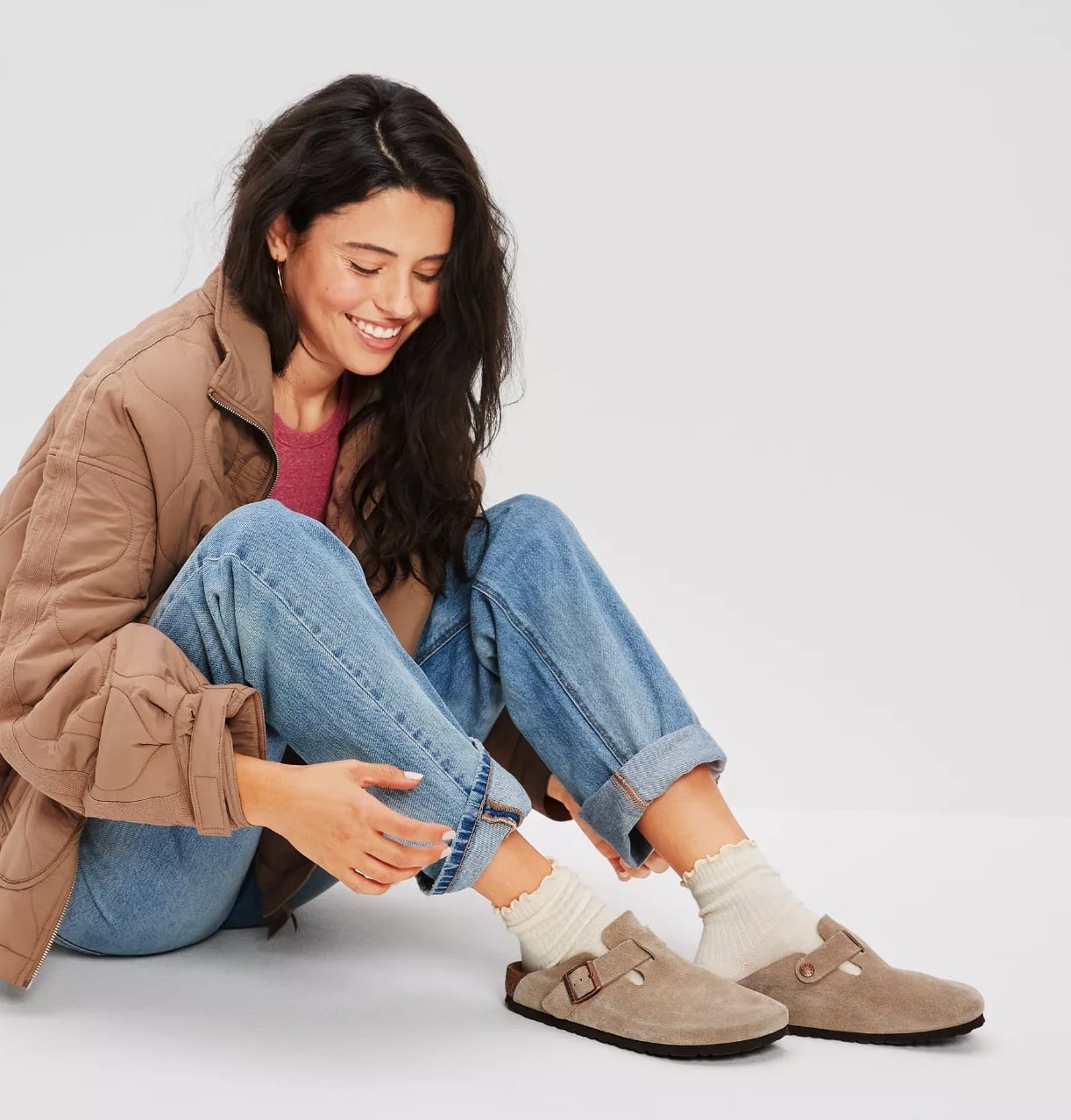 Taupe Suede Clogs with Quilted Jacket Taupe Suede Clogs with Quilted Jacket — Classy Clogs Outfits