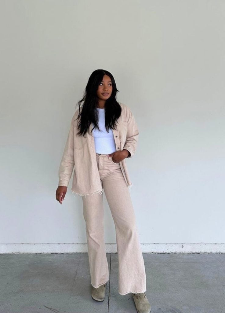 Taupe Clogs with Oversized Shirt Jacket Taupe Clogs with Oversized Shirt Jacket — Classy Clogs Outfits