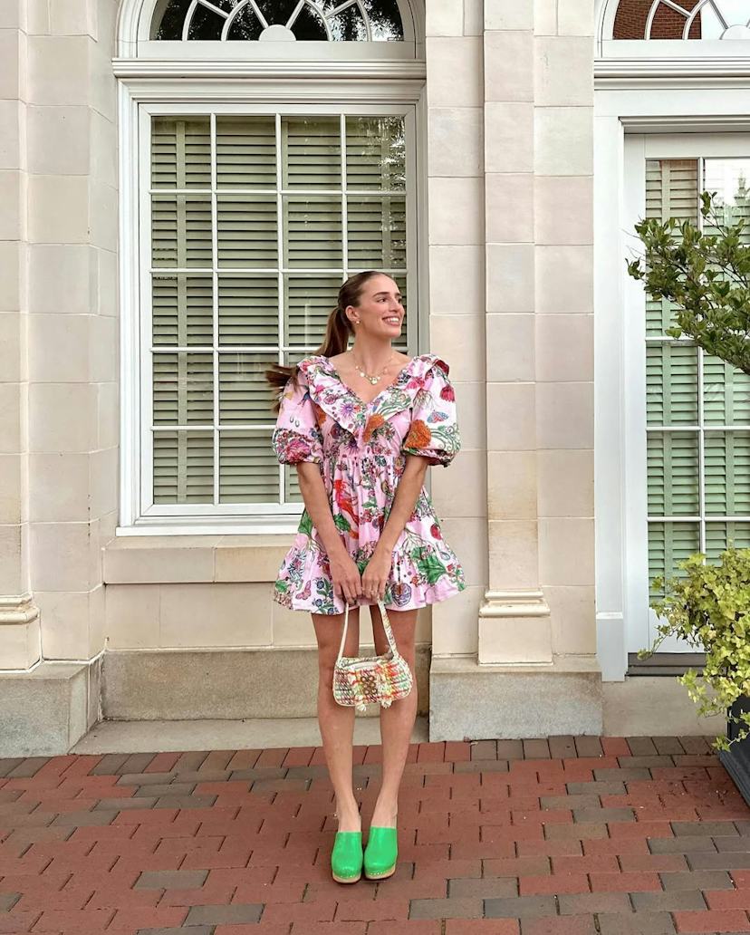 Green Clogs with Vibrant Printed Mini Dress Green Clogs with Vibrant Printed Mini Dress — Classy Clogs Outfits