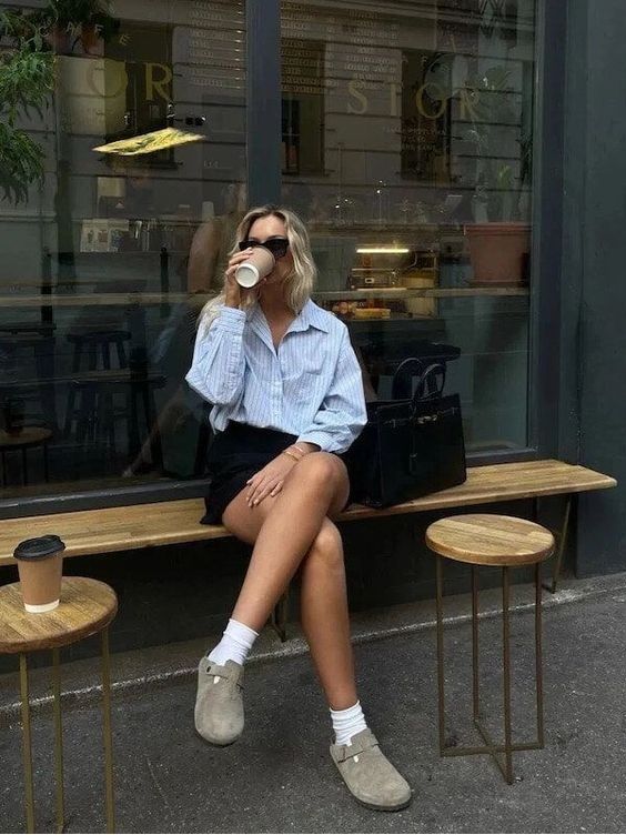 Grey Suede Clogs with Oversized Striped Shirt Grey Suede Clogs with Oversized Striped Shirt — Classy Clogs Outfits