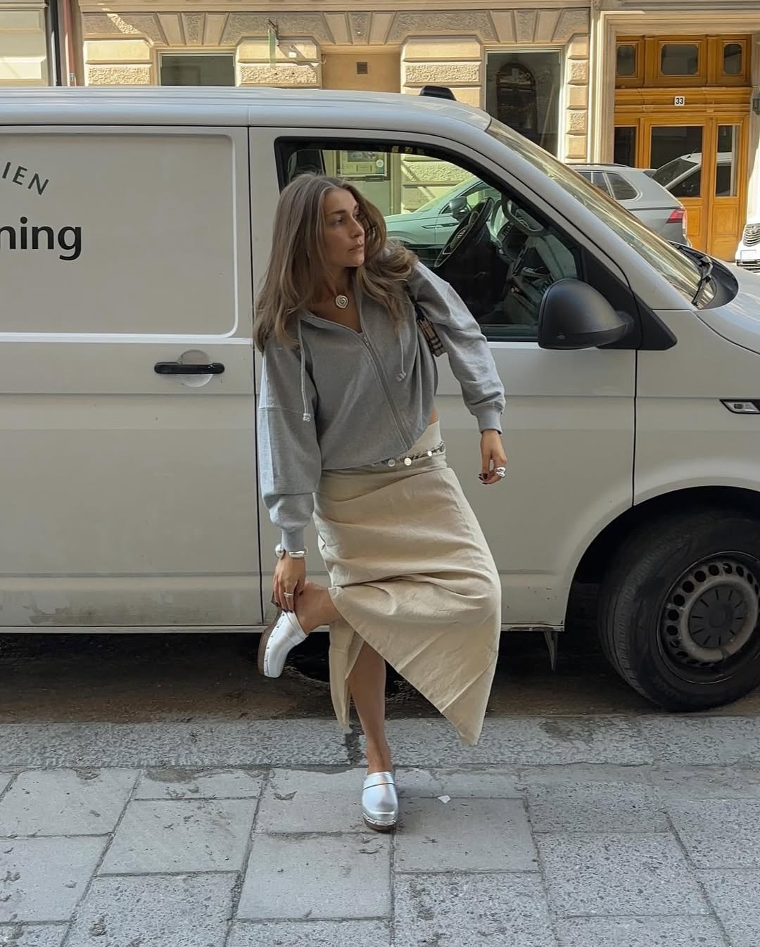 White Clogs with Asymmetrical Linen Skirt White Clogs with Asymmetrical Linen Skirt — Classy Clogs Outfits