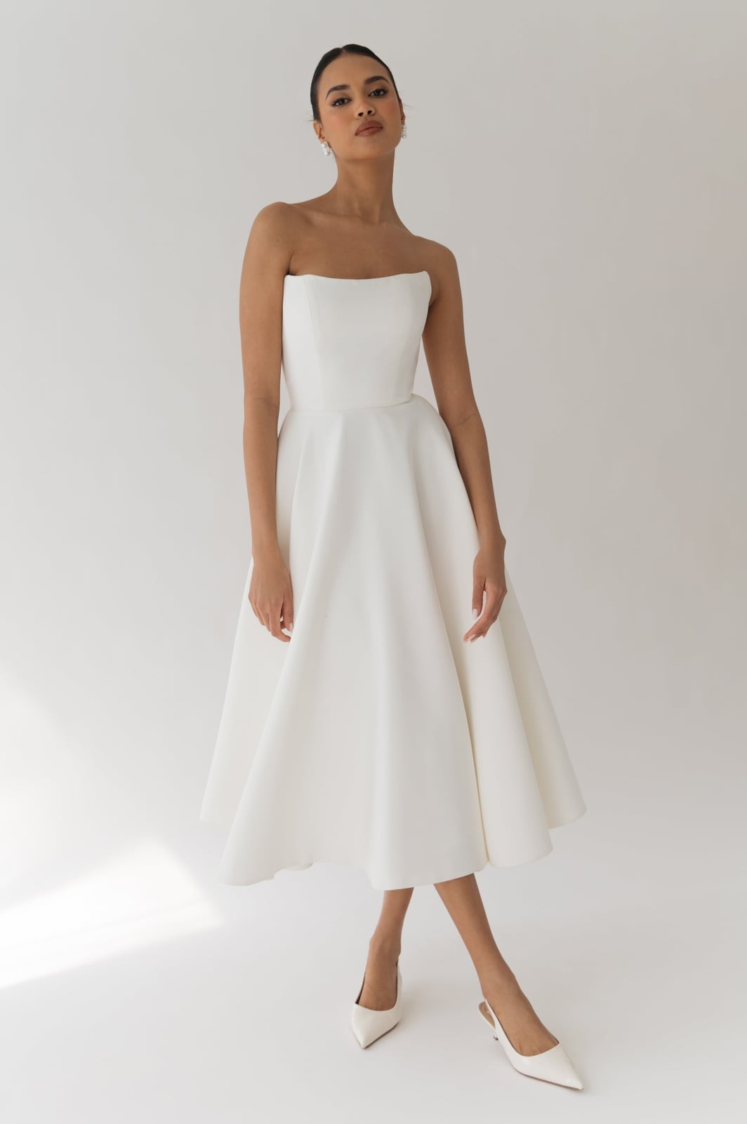 White Strapless Fit-And-Flare Midi Dress White Strapless Fit-And-Flare Midi Dress — Classy Cocktail Dresses Wedding