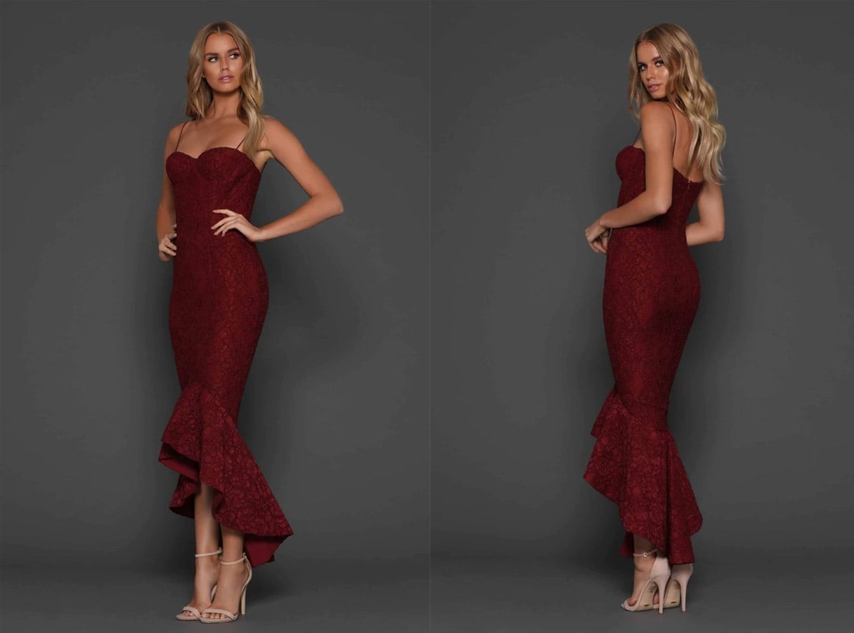 Burgundy Lace Mermaid Dress with Ruffled Hem Burgundy Lace Mermaid Dress with Ruffled Hem — Classy Cocktail Dresses Wedding