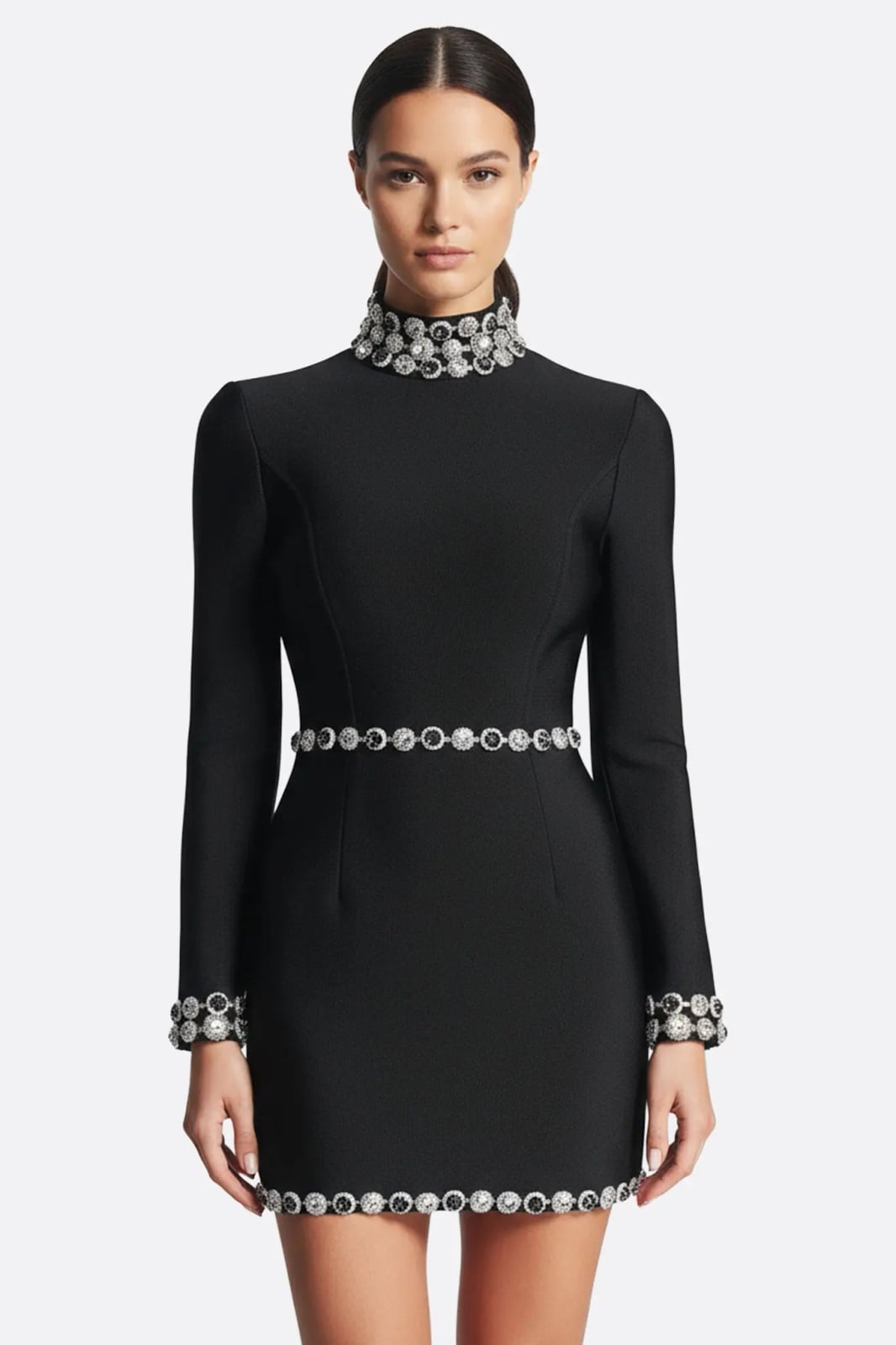 Black Long-Sleeve Crepe Dress with Sequined Embellishments Black Long-Sleeve Crepe Dress with Sequined Embellishments — Classy Cocktail Dresses Wedding