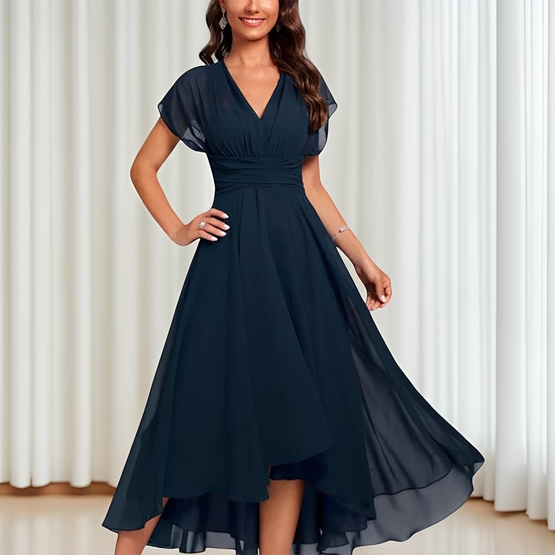 Navy Blue Chiffon Fit-And-Flare Dress with High-Low Hem Navy Blue Chiffon Fit-And-Flare Dress with High-Low Hem — Classy Cocktail Dresses Wedding