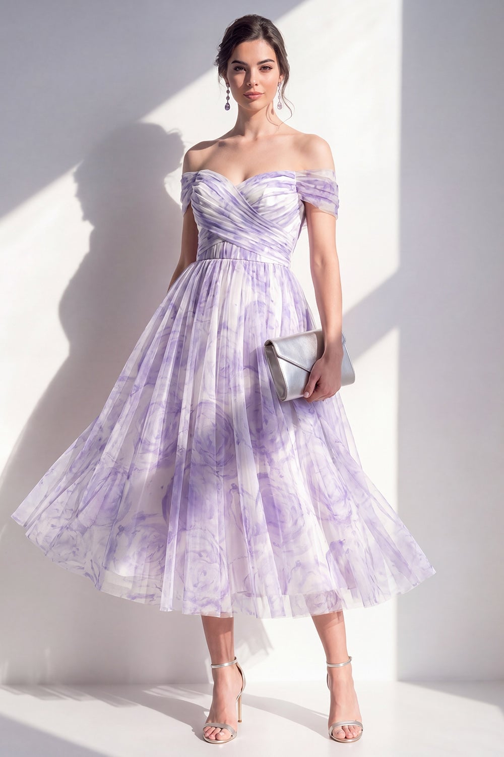 Lilac and White Floral Print Off-The-Shoulder Midi Dress Lilac and White Floral Print Off-The-Shoulder Midi Dress — Classy Cocktail Dresses Wedding