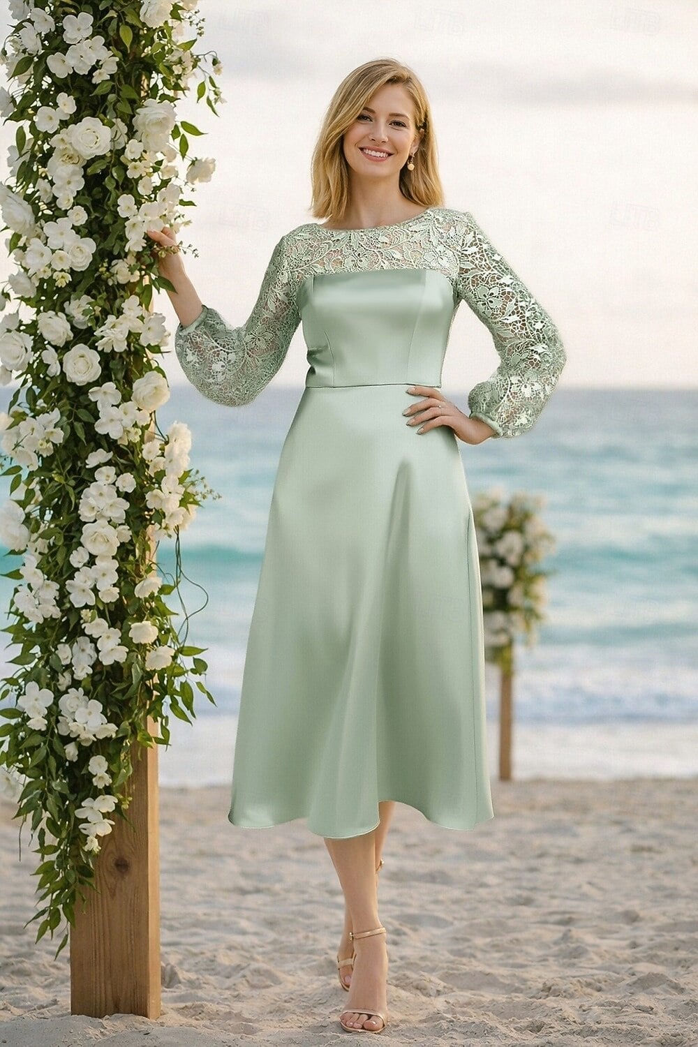 Sage Green Satin Midi Dress with Lace Balloon Sleeves Sage Green Satin Midi Dress with Lace Balloon Sleeves — Classy Cocktail Dresses Wedding