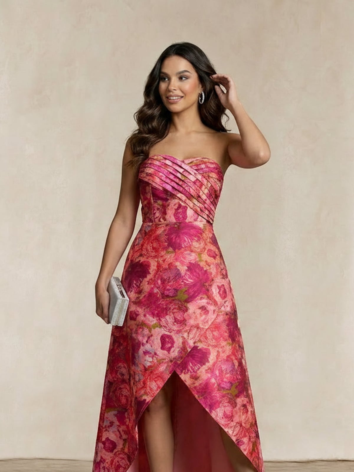 Pink and Red Floral Print Strapless High-Low Dress Pink and Red Floral Print Strapless High-Low Dress — Classy Cocktail Dresses Wedding