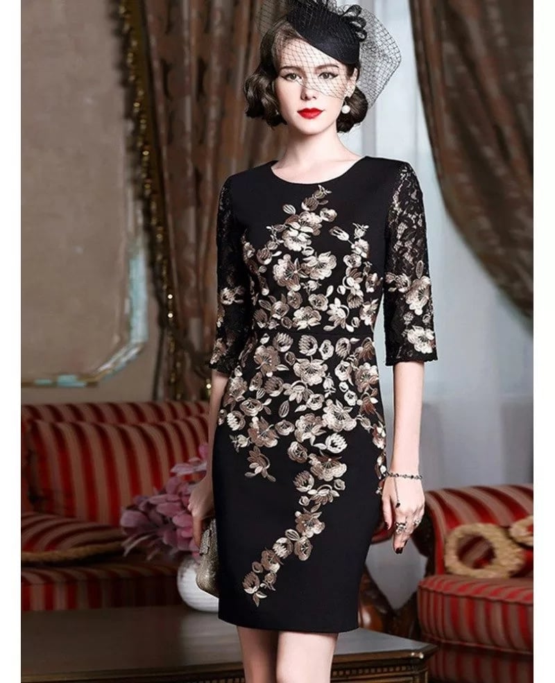 Black Knee-Length Sheath Dress with Lace Sleeves Black Knee-Length Sheath Dress with Lace Sleeves — Classy Cocktail Dresses Wedding
