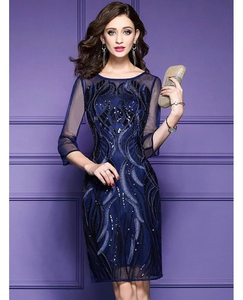 Navy Blue Sequined Three-Quarter Sleeve Midi Dress Navy Blue Sequined Three-Quarter Sleeve Midi Dress — Classy Cocktail Dresses Wedding