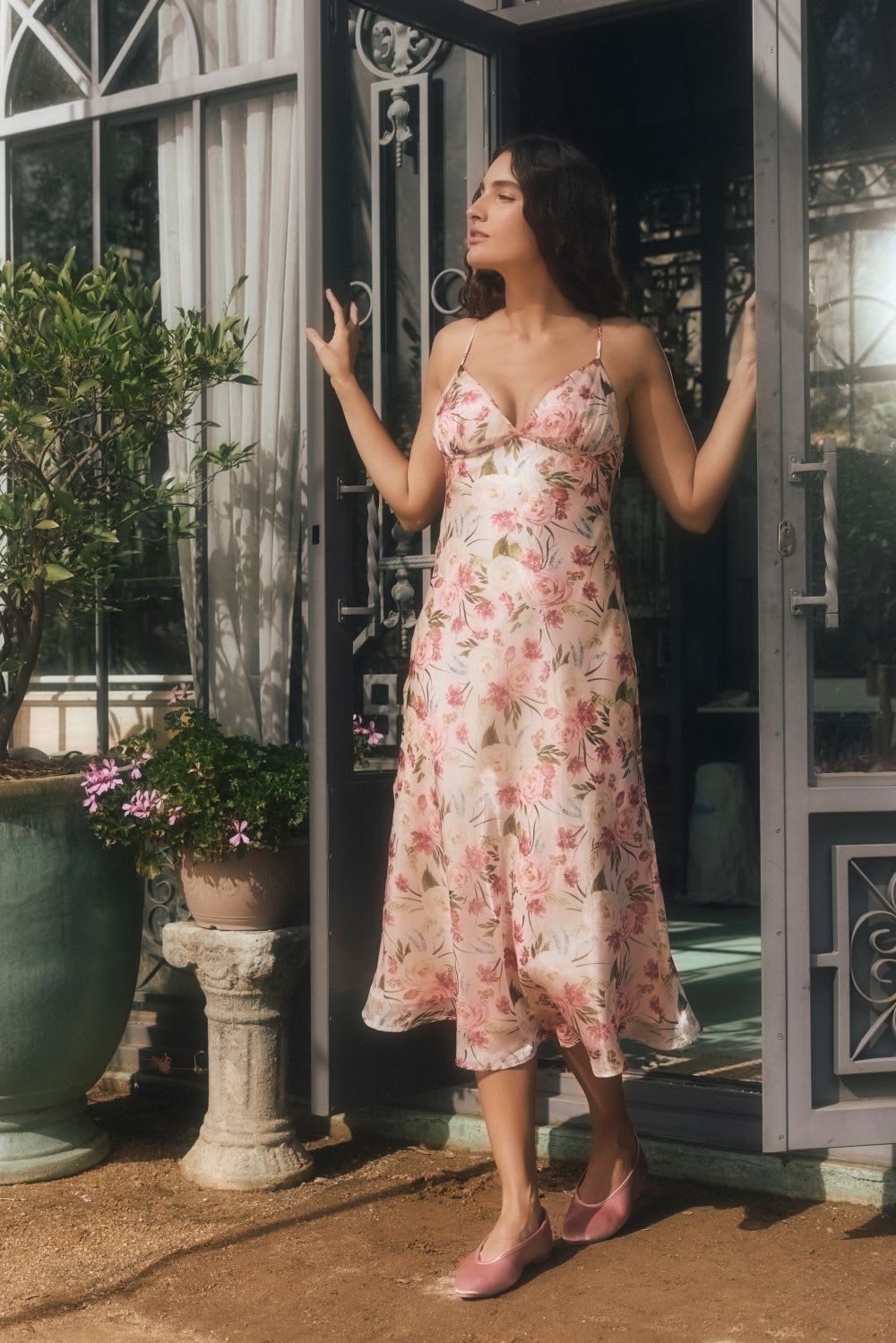 Cream Satin Floral Print Slip Dress with Sheer Overlay Cream Satin Floral Print Slip Dress with Sheer Overlay — Classy Cocktail Dresses Wedding