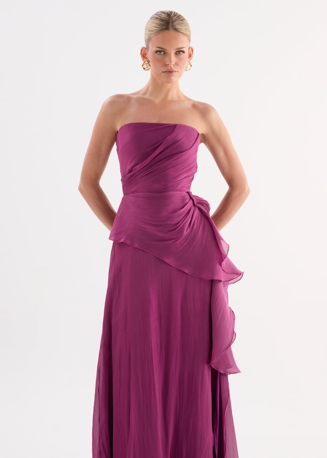 Purple Strapless Draped Maxi Dress with Ruffled Skirt Purple Strapless Draped Maxi Dress with Ruffled Skirt — Classy Cocktail Dresses Wedding