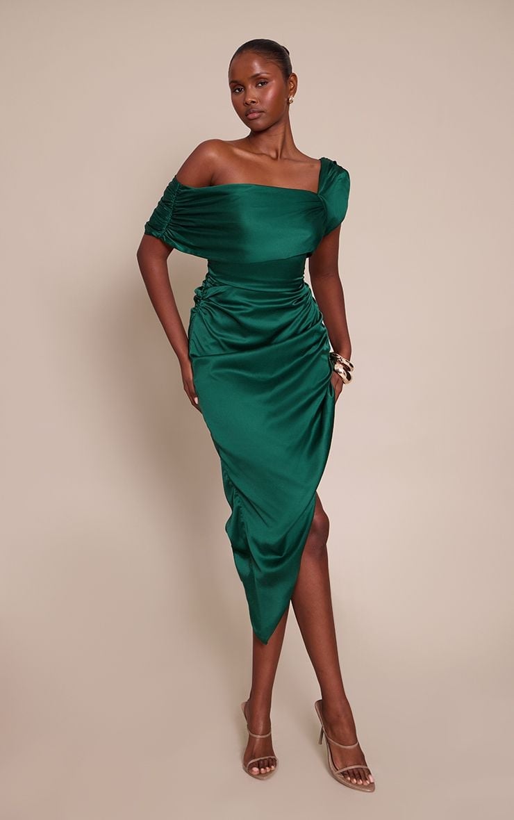 Emerald Green Satin Dress with Off-Shoulder Neckline Emerald Green Satin Dress with Off-Shoulder Neckline — Classy Cocktail Dresses Wedding Guest