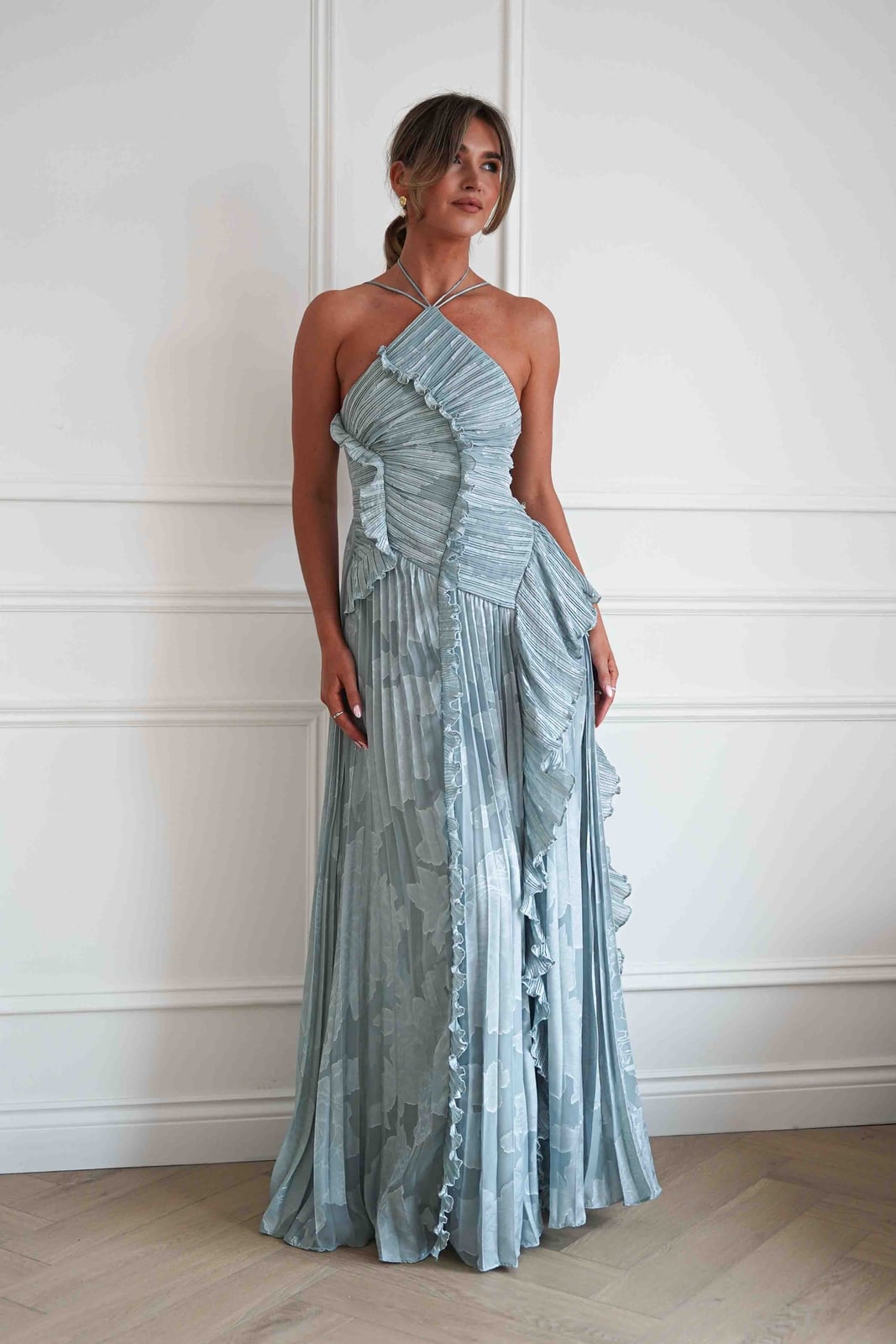 Light Blue Pleated Maxi Dress with Halter Neckline Light Blue Pleated Maxi Dress with Halter Neckline — Classy Cocktail Dresses Wedding Guest