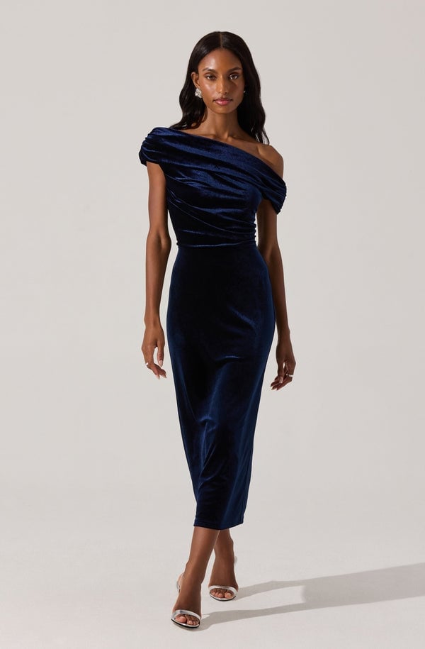 Navy Blue Velvet Dress with Draped Neckline Navy Blue Velvet Dress with Draped Neckline — Classy Cocktail Dresses Wedding Guest