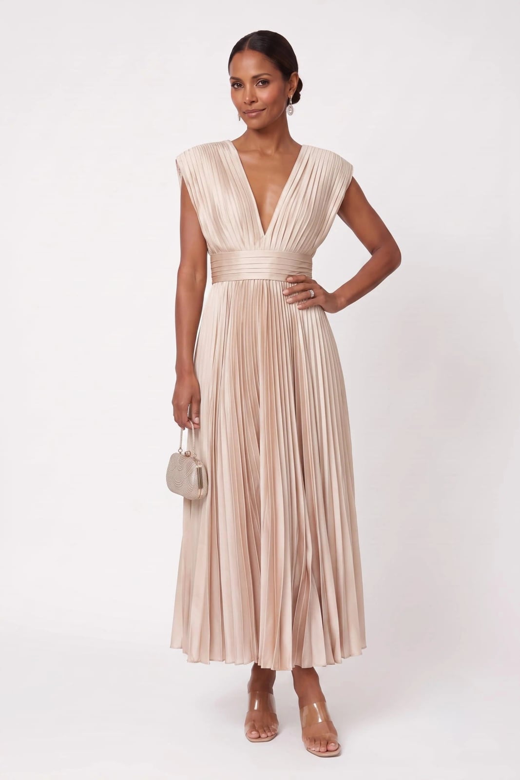 Champagne Satin Midi Dress with Pleated Skirt Champagne Satin Midi Dress with Pleated Skirt — Classy Cocktail Dresses Wedding Guest