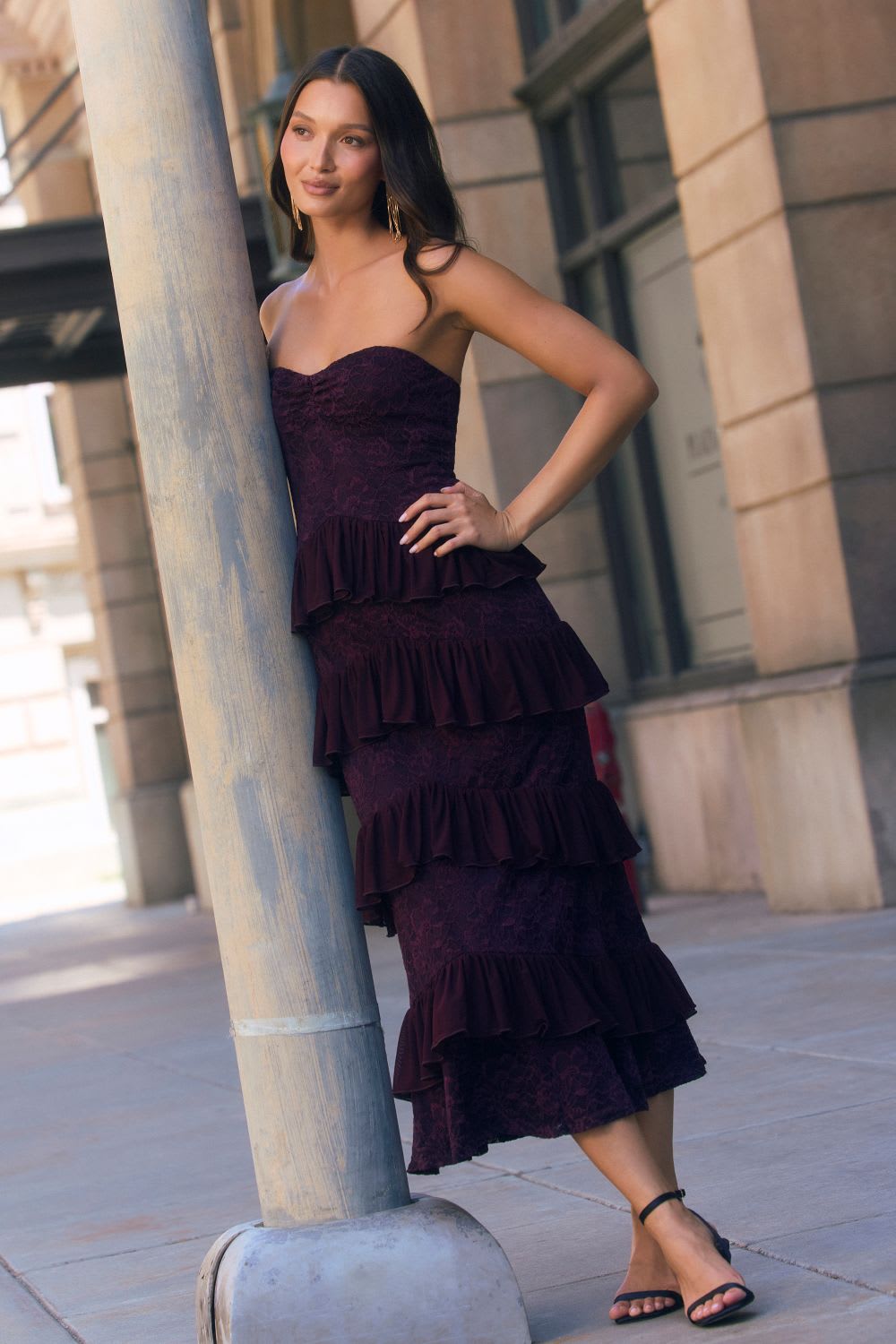 Deep Purple Lace Midi Dress with Ruffled Skirt Deep Purple Lace Midi Dress with Ruffled Skirt — Classy Cocktail Dresses Wedding Guest