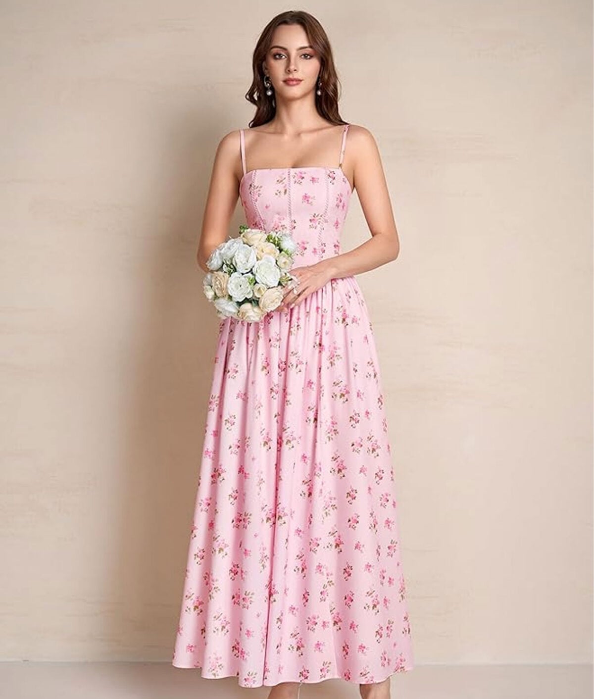 Pink Floral Print Maxi Dress with Square Neckline, A-Line Pink Floral Print Maxi Dress with Square Neckline, A-Line — Classy Cocktail Dresses Wedding Guest