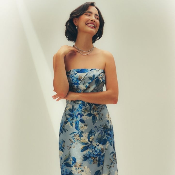 Blue and White Floral Jacquard Strapless Midi Dress Blue and White Floral Jacquard Strapless Midi Dress — Classy Cocktail Dresses Wedding Guest