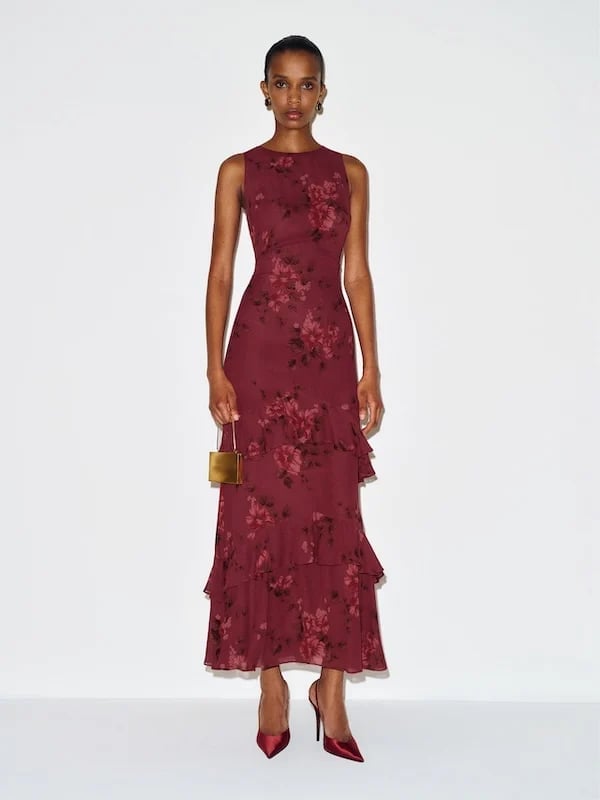 Burgundy Floral Print Chiffon Dress with Ruffled Skirt Burgundy Floral Print Chiffon Dress with Ruffled Skirt — Classy Cocktail Dresses Wedding Guest