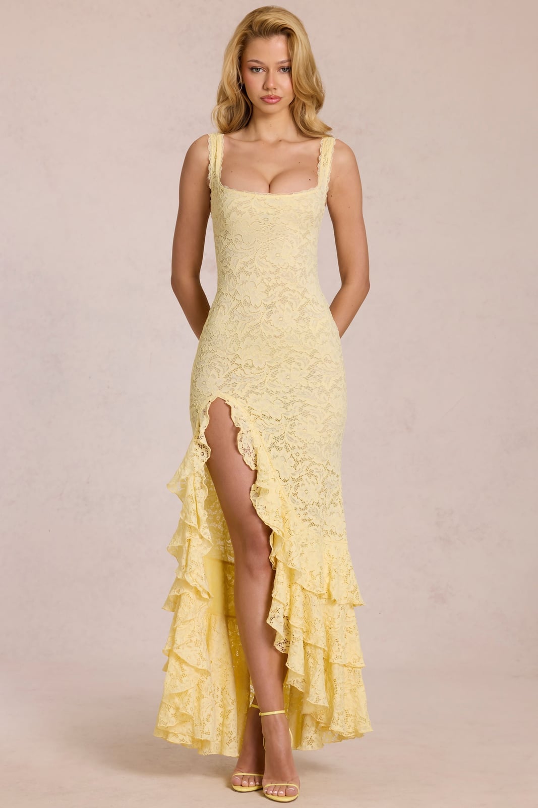 Pale Yellow Lace Dress with High Slit Pale Yellow Lace Dress with High Slit — Classy Cocktail Dresses Wedding Guest
