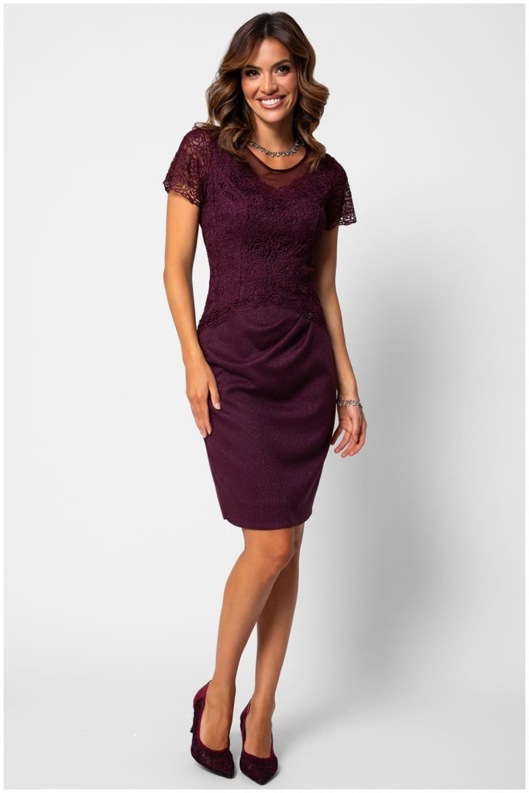 Deep Plum Sheath Dress with Lace Yoke Deep Plum Sheath Dress with Lace Yoke — Classy Cocktail Dresses Wedding Guest