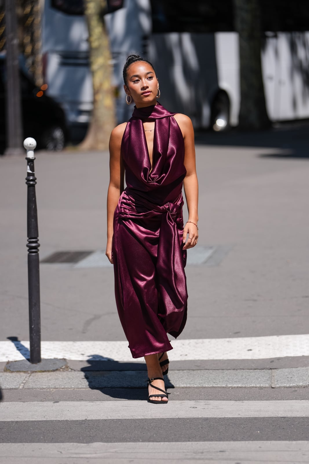 Deep Plum Satin Midi Dress with Cowl Neck Deep Plum Satin Midi Dress with Cowl Neck — Classy Cocktail Dresses Wedding Guest
