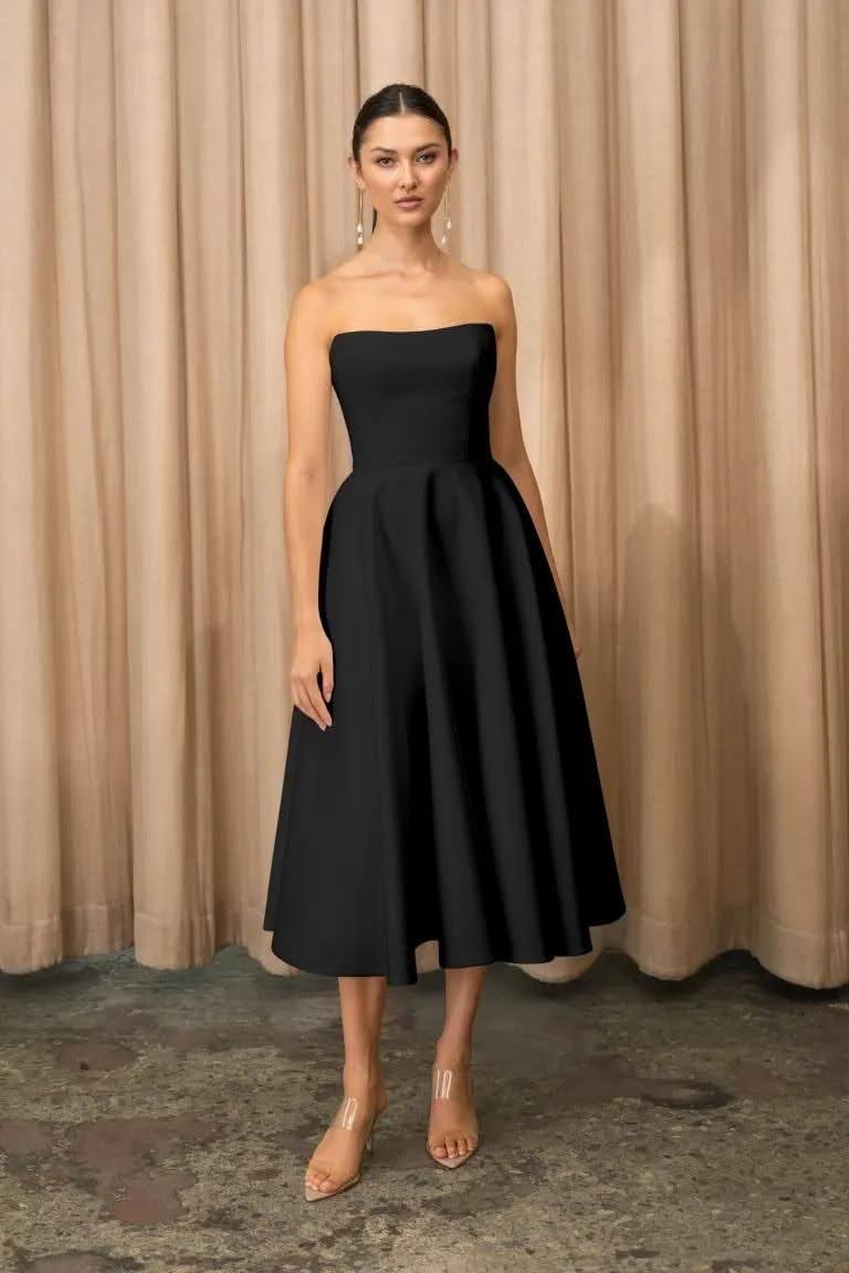 Fitted Black Satin Midi Dress Fitted Black Satin Midi Dress — Classy Cocktail Dresses Wedding Guest