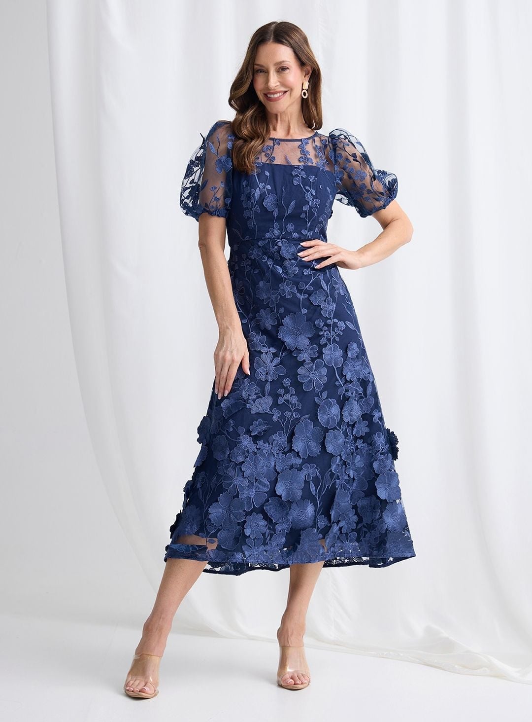 Navy Blue A-line Midi Dress with Floral Appliqué Navy Blue A-line Midi Dress with Floral Appliqué — Classy Cocktail Dresses Wedding Guest