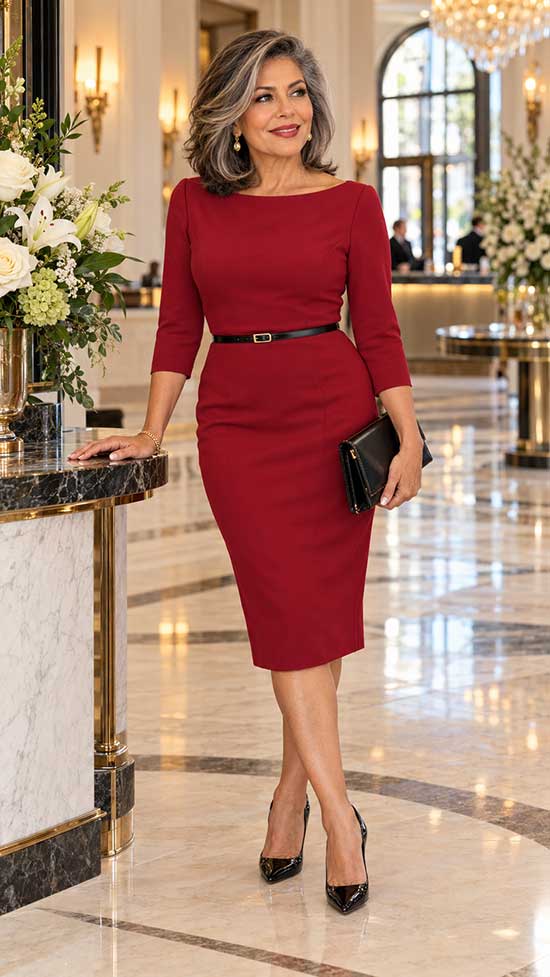 Red Crepe Sheath Dress with Boat Neckline Red Crepe Sheath Dress with Boat Neckline — Classy Cocktail Dresses Wedding Guest