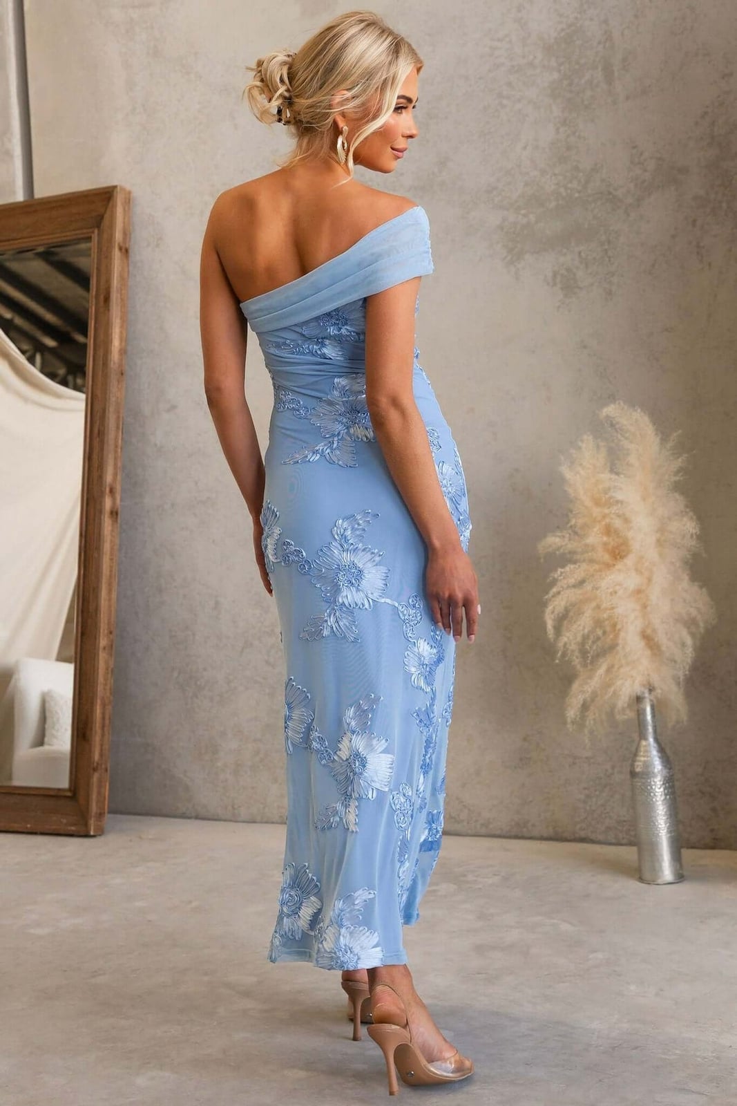 Light Blue Column Dress with Floral Embroidery Light Blue Column Dress with Floral Embroidery — Classy Cocktail Dresses Wedding Guest