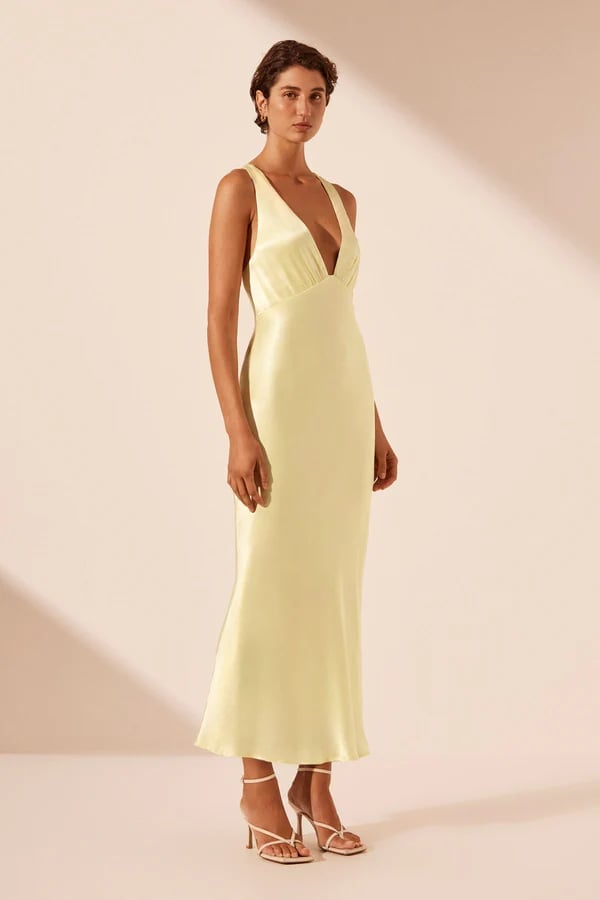 Pale Yellow Satin Bias Cut Maxi Slip Dress Pale Yellow Satin Bias Cut Maxi Slip Dress — Classy Cocktail Party Outfits
