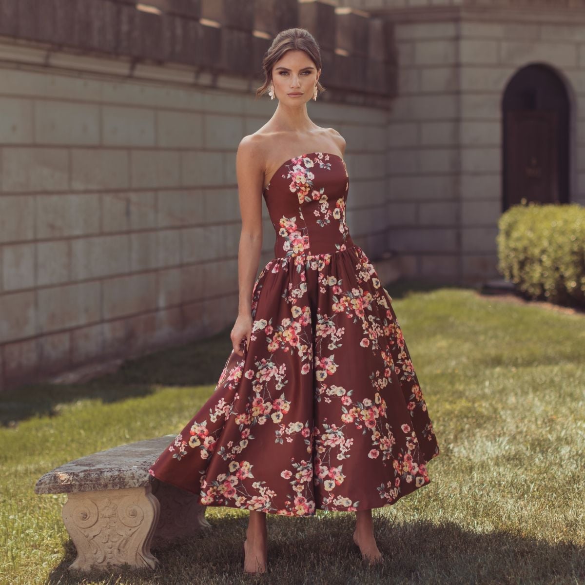 Maroon Strapless Midi Dress with Full Floral Skirt Maroon Strapless Midi Dress with Full Floral Skirt — Classy Cocktail Party Outfits