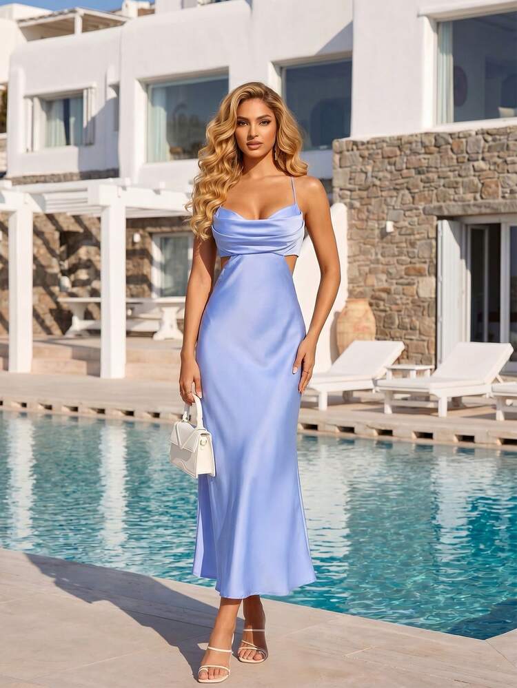 Periwinkle Blue Satin Cowl Neck Slip Dress Periwinkle Blue Satin Cowl Neck Slip Dress — Classy Cocktail Party Outfits