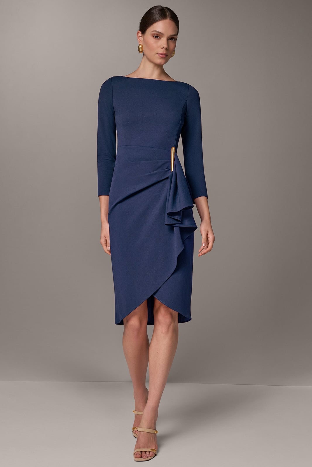 Navy Blue Crepe Dress with Asymmetric Ruffled Hem Navy Blue Crepe Dress with Asymmetric Ruffled Hem — Classy Cocktail Party Outfits