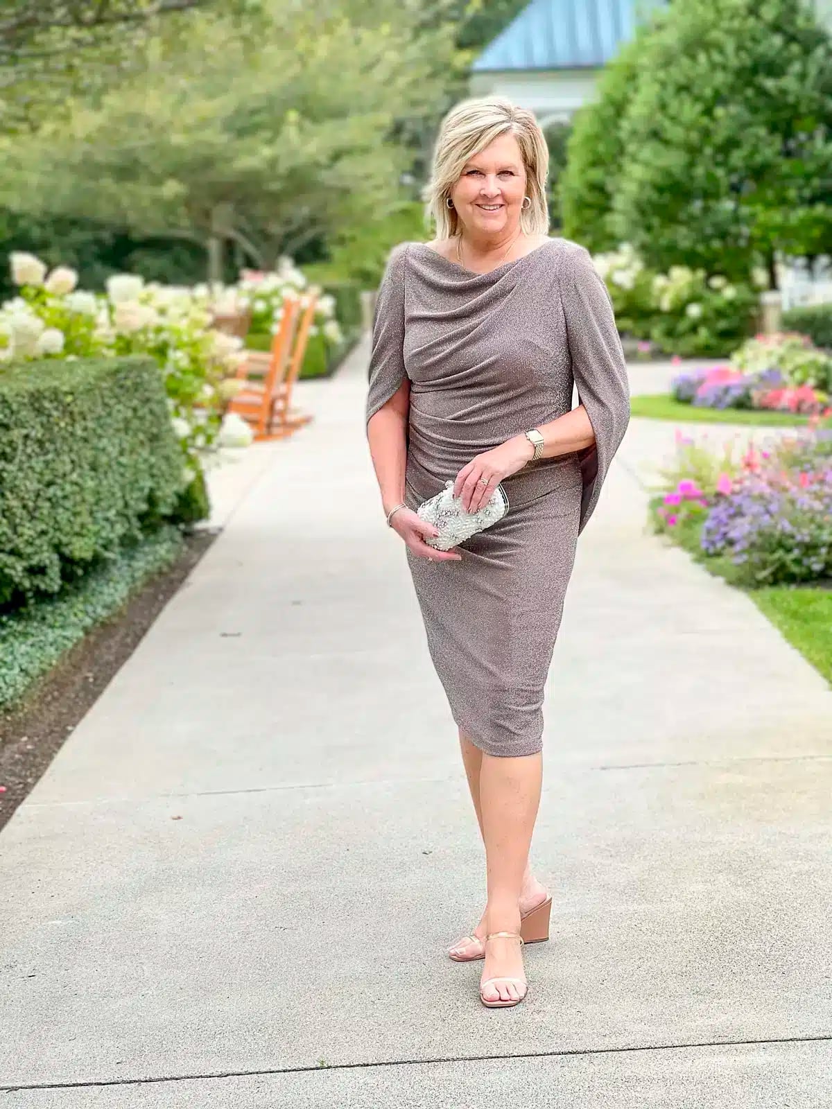 Taupe Shimmering Draped Cocktail Dress with Capelet Sleeves Taupe Shimmering Draped Cocktail Dress with Capelet Sleeves — Classy Cocktail Party Outfits