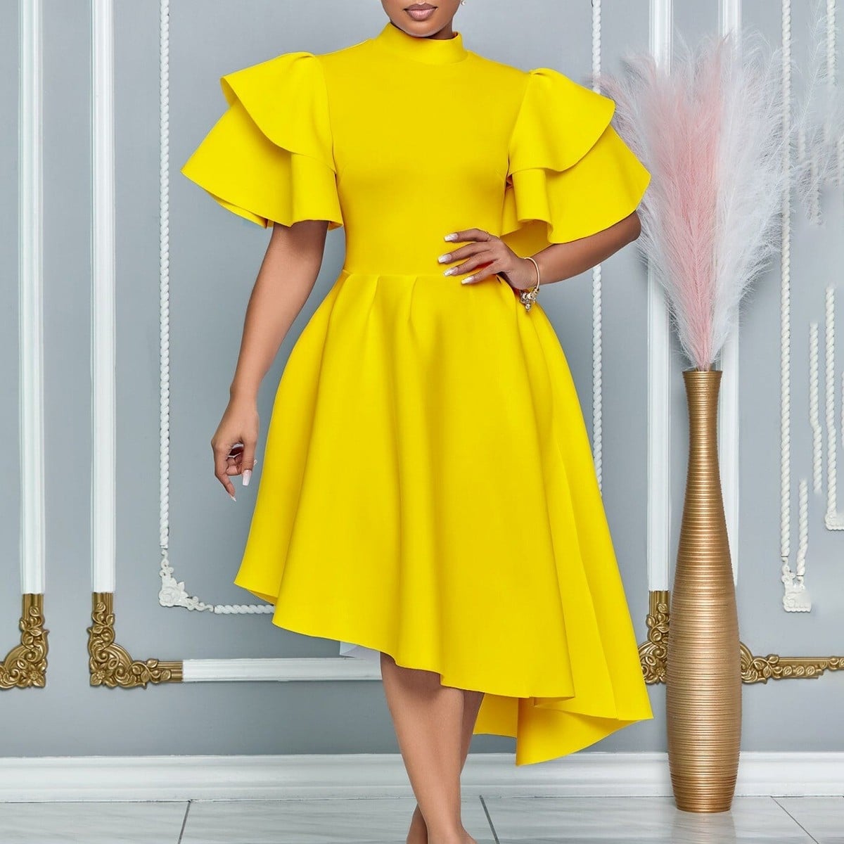 Bright Yellow Fit-and-Flare Dress with Ruffled Sleeves Bright Yellow Fit-and-Flare Dress with Ruffled Sleeves — Classy Cocktail Party Outfits
