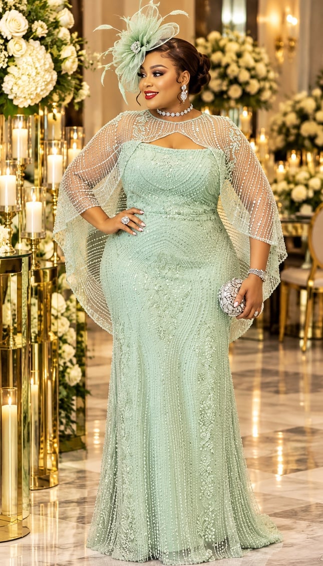Mint Green Beaded Floor-Length Gown with Capelet Mint Green Beaded Floor-Length Gown with Capelet — Classy Cocktail Party Outfits