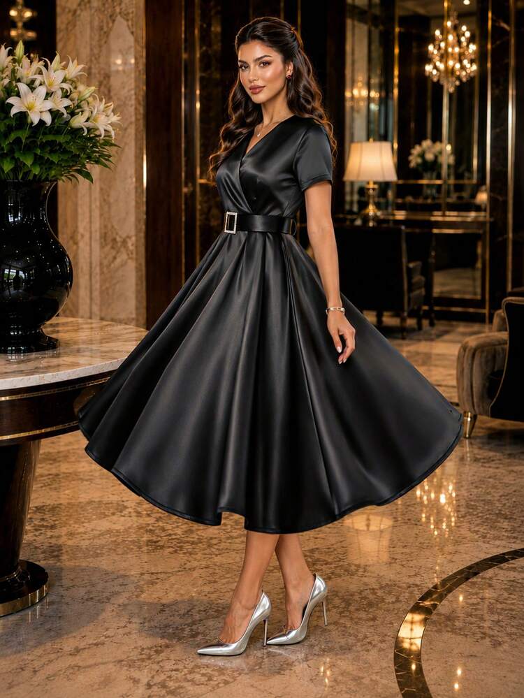 Black Satin Fit-and-Flare Midi Dress Black Satin Fit-and-Flare Midi Dress — Classy Cocktail Party Outfits
