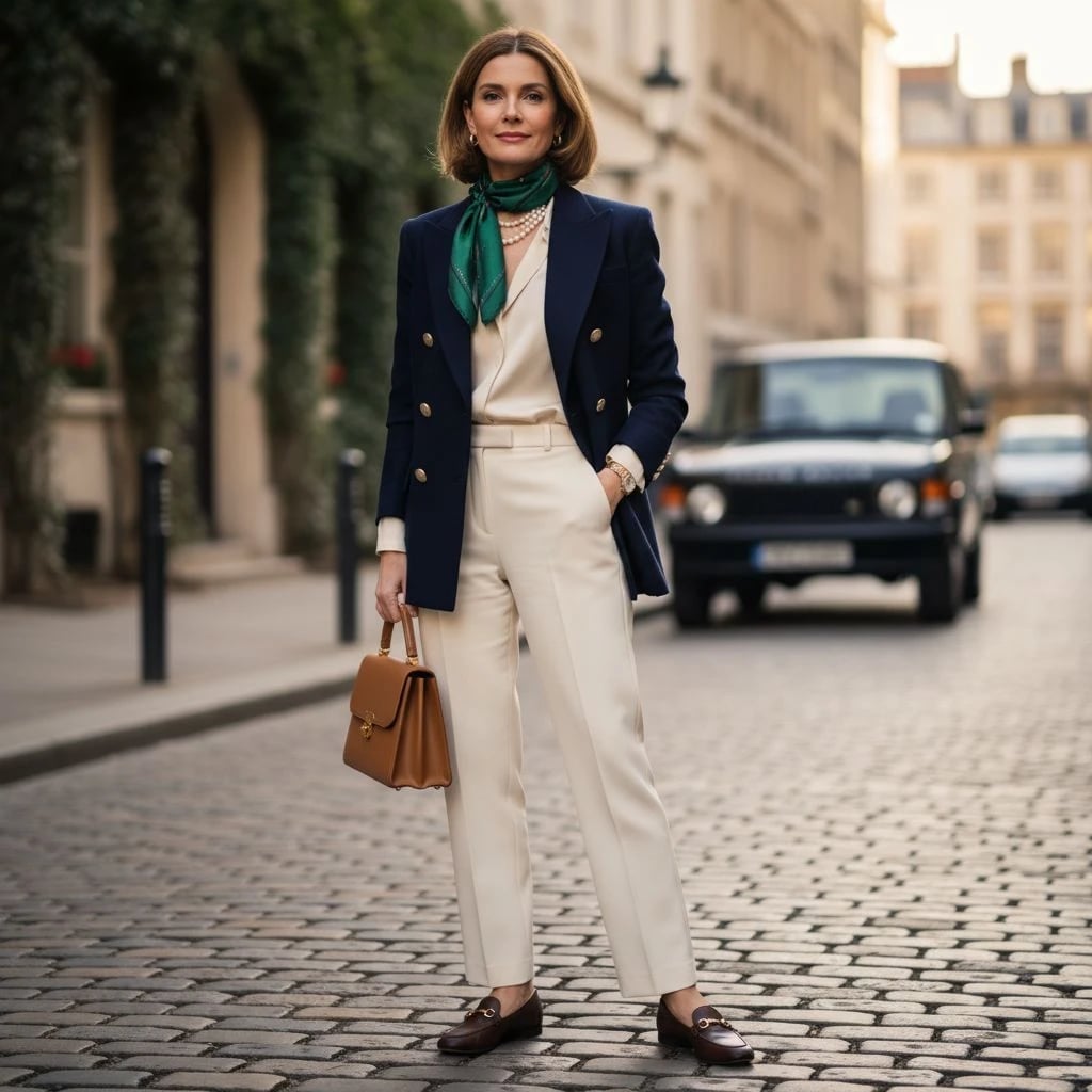 Navy Double-Breasted Blazer and Cream Trousers Navy Double-Breasted Blazer and Cream Trousers — Classy Color Analysis