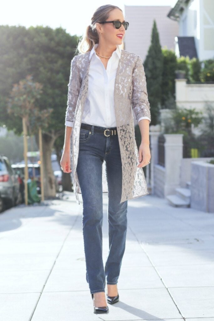 Grey Patterned Duster Coat with Blue Jeans Grey Patterned Duster Coat with Blue Jeans — Classy Color Analysis