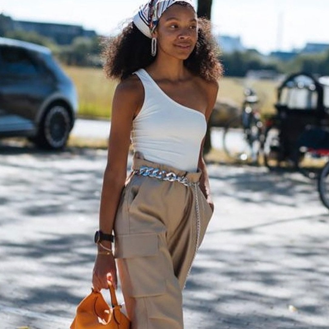 Beige Cargo Trousers with White One-Shoulder Top Beige Cargo Trousers with White One-Shoulder Top — Classy Color Analysis