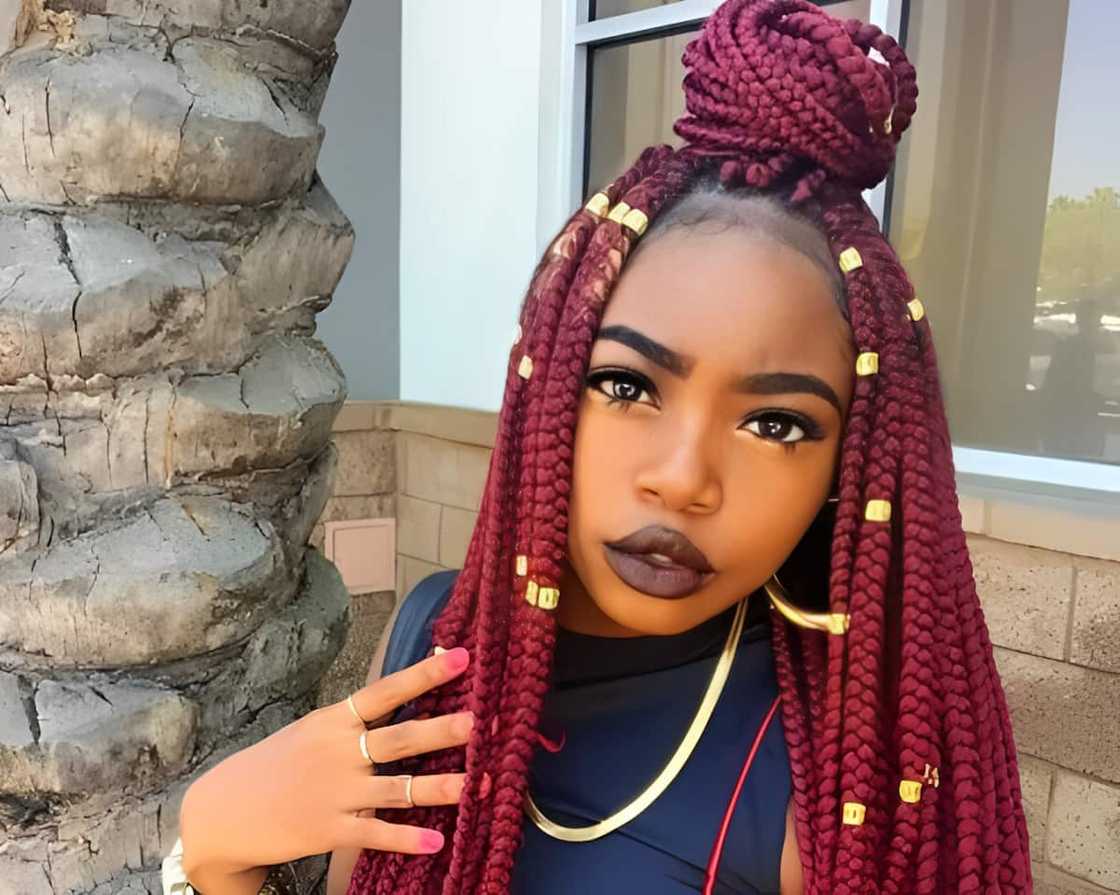 Burgundy Box Braids High Bun With Beads — Classy Color Braids