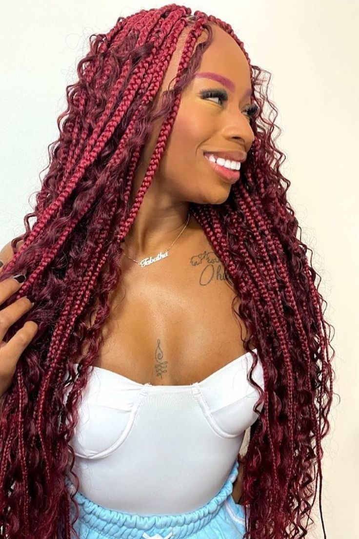 Mid-Back Burgundy Braids With Wavy Ends — Classy Color Braids